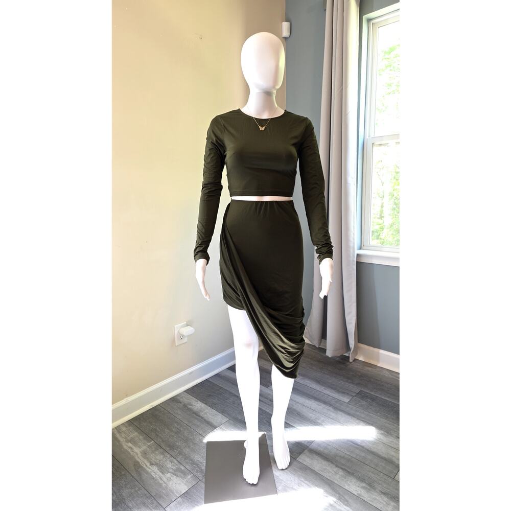 Chic Olive Green Two-Piece Set | Long Sleeve Crop Top & Ruched Midi Skirt